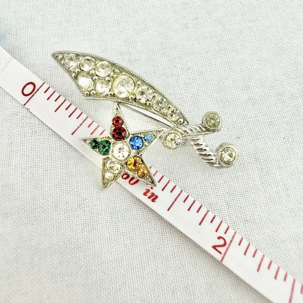 Vintage Signed Bogoff Brooch Pin Rhinestone Star Rainbow OES Silver Tone Retro
